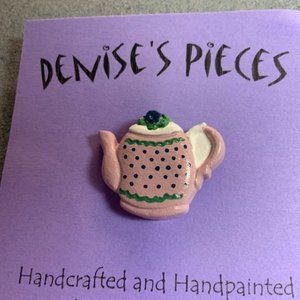 Tea Pot Pin Brooch Mauve Green Purple Dots Flower Plaster Handmade Hand Painted